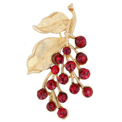 Sale Photo Thumbnail #64: Mode-Art Gold Tone Red Rhinestone Textured Leaf Berry Cluster Brooch