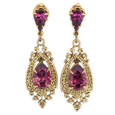 Sale Photo Thumbnail #104: Czech Gilt Metal Rhinestone Floral Engraved Dangle Earrings