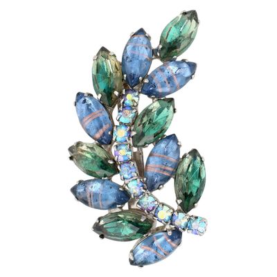 Sale Photo Thumbnail #8: Juliana D&E Silver Tone Poured Glass Rhinestone Iridescent Feather Brooch