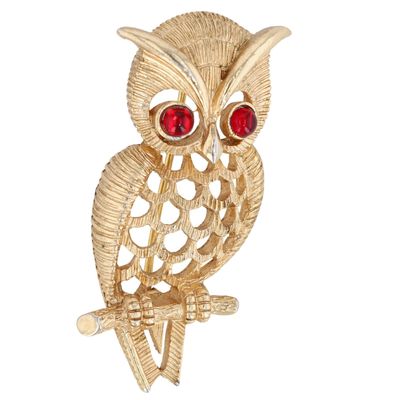 Sale Photo Thumbnail #69: Avon Gold Tone Red Rhinestone Textured Owl Brooch