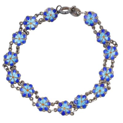 Sale Photo Thumbnail #568: Signed Sterling Silver Cloisonne Enamel Flower Link Bracelet
