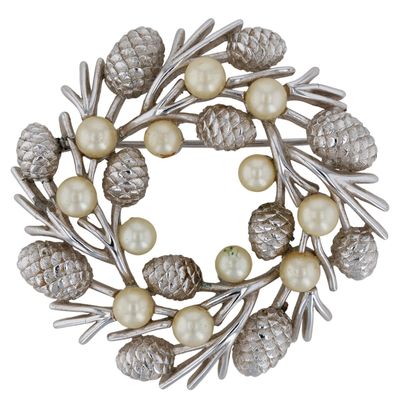 Sale Photo Thumbnail #22: Crown Trifari Silver Tone Faux Pearl Textured Pine Cone Wreath Brooch