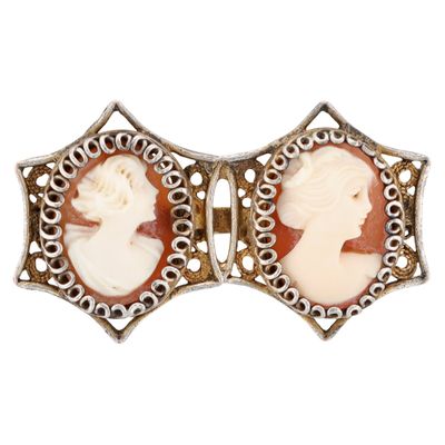 Sale Photo Thumbnail #360: Gold Over 800 Silver Carved Shell Cameo Filigree Sisters Brooch