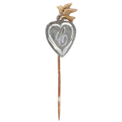 Sale Photo Thumbnail #267: Gold Filled Sterling Engraved Bird Heart Dangle Stick Pin
