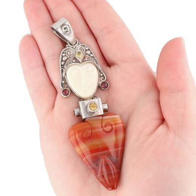 Sale Photo Thumbnail #435: Sajen Sterling Multi-Stone Carved Bone Goddess Pendant