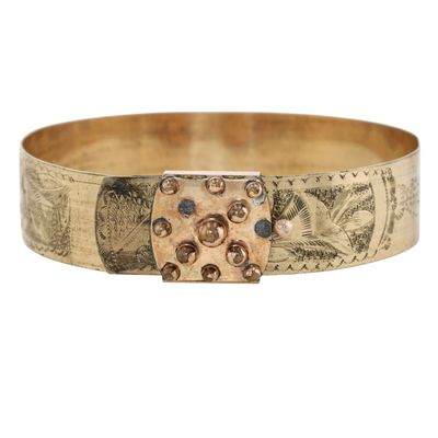 Sale Photo Thumbnail #284: Victorian Two Tone Gold Filled Engraved Studded Bangle Bracelet
