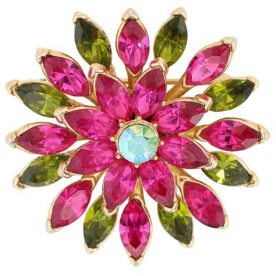 Sale Photo Thumbnail #26: Crown Trifari Gold Tone Pink Green Rhinestone Flower Brooch