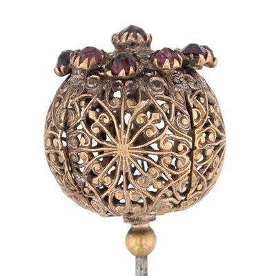 Sale Photo Thumbnail #307: Gold Filled Rose Cut Paste Stone Filigree Orb Hat Pin