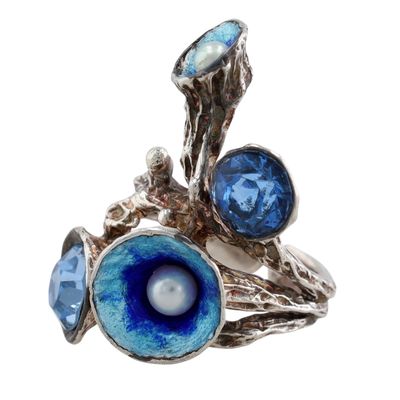 Sale Photo Thumbnail #561: Signed Sterling Rhinestone Faux Pearl Enamel Abstract Adjustable Ring