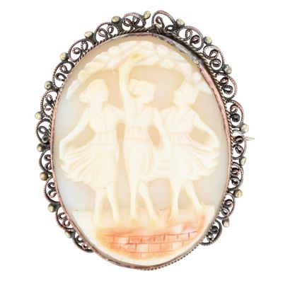 Sale Photo Thumbnail #343: Antique Gold Filled Carved Shell Filigree The Three Graces Cameo Brooch