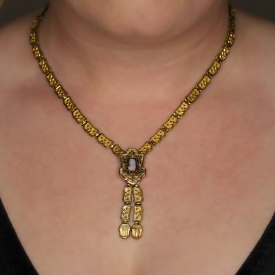 Sale Photo Thumbnail #293: Victorian Gold Filled Carved Shell Cameo Book Chain Necklace