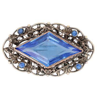 Sale Photo Thumbnail #108: Czech Gilt Metal Blue Rhinestone Pressed Rope Detail Brooch