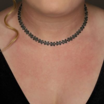 Sale Photo Thumbnail #586: Signed Sterling Silver Marcasite Floral Link Necklace