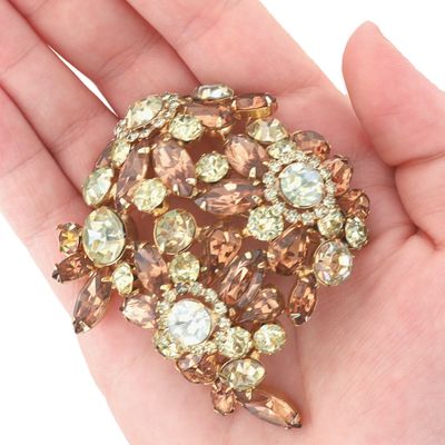 Sale Photo Thumbnail #43: Weiss Gold Tone Amber Rhinestone Layered Domed Floral Brooch