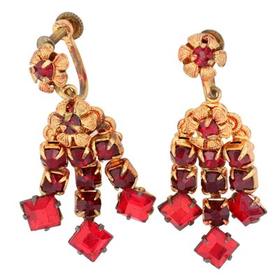Sale Photo Thumbnail #114: Czech Gilt Metal Rhinestone Floral Fringe Earrings