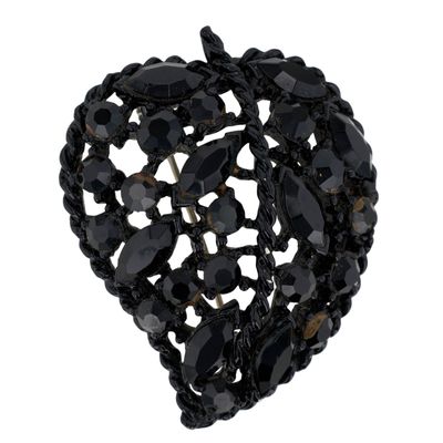 Sale Photo Thumbnail #96: Japanned Black Rhinestone Domed Open Scroll Leaf Brooch