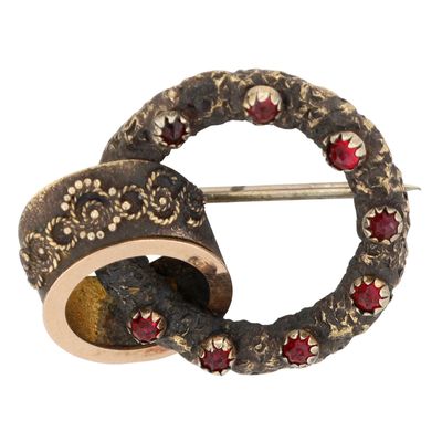 Sale Photo Thumbnail #321: Victorian Gold Filled Garnet Bohemian Scrolled Wreath Brooch