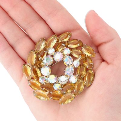Sale Photo Thumbnail #15: Juliana D&E Gold Tone Amber Aurora Borealis Rhinestone Open Wreath Brooch