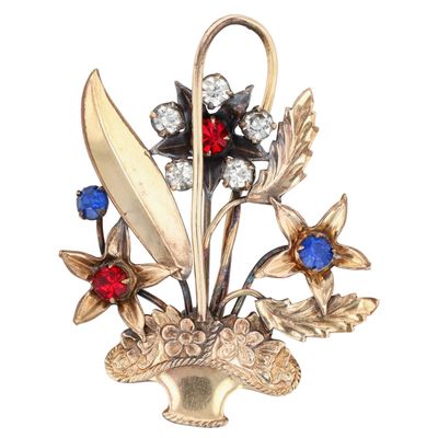 Sale Photo Thumbnail #216: Signed 12K Gold Filled Rhinestone Floral Victory Basket Brooch