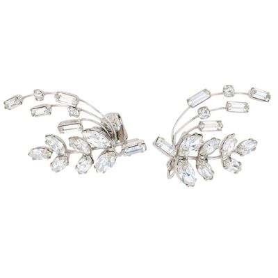 Sale Photo Thumbnail #17: Hattie Carnegie Silver Tone Rhinestone Leaf Swoop Earrings