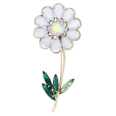 Sale Photo Thumbnail #14: Gold Tone White Milk Glass Rhinestone Flower Brooch