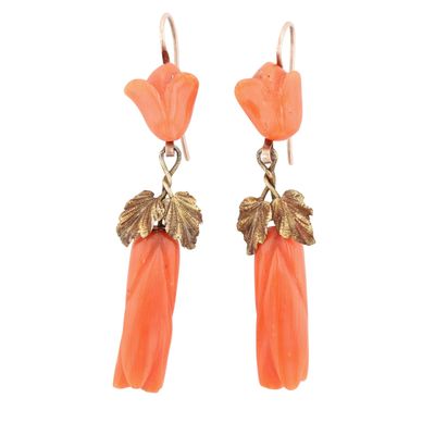 Sale Photo Thumbnail #390: Victorian 10K Gold Carved Coral Floral Dangle Earrings