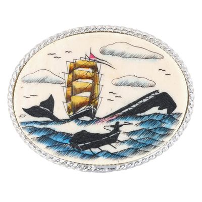 Sale Photo Thumbnail #188: Verna Sterling Silver Bone Scrimshaw Whale Hunting Brooch