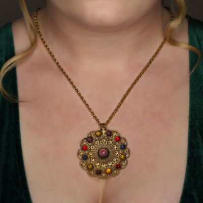 Sale Photo Thumbnail #129: Czech Gilt Metal Poured Glass Floral Compass Necklace