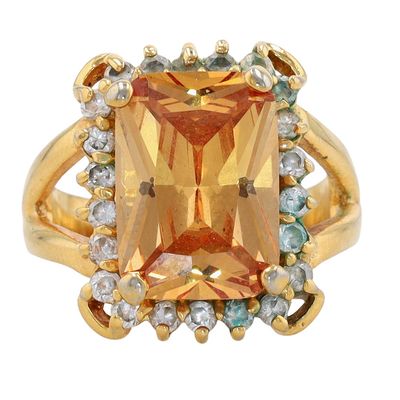 Sale Photo Thumbnail #84: Gold Tone Citrine Crystal Rhinestone Halo Ring Size 7.25