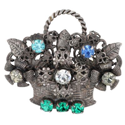 Sale Photo Thumbnail #107: Czech Silver Tone Rhinestone Floral Basket Brooch