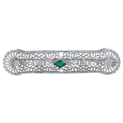Sale Photo Thumbnail #404: Antique 10K White Gold Faux Emerald Paste Filigree Brooch