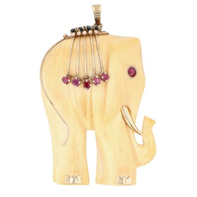 Sale Photo Thumbnail #470: Antique 14k Gold Sapphire Ruby Carved Elephant Pendant