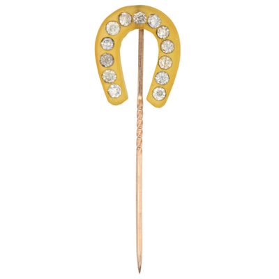 Sale Photo Thumbnail #406: Vintage 9K Gold Bakelite Rhinestone Horseshoe Stick Pin