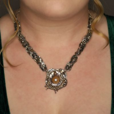 Sale Photo Thumbnail #513: Signed Handmade Sterling Silver Blister Pearl Brutalist Link Necklace