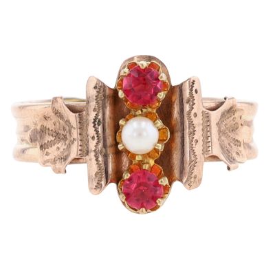 Sale Photo Thumbnail #353: FS Co. Gold Filled Pearl Rhinestone Engraved Scroll Ring Sz 8.5