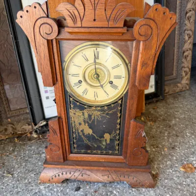 Antique Wooden Parlor Mantel Clock with Gilt Glass Panel