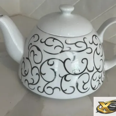 White Scroll Pattern Teapot