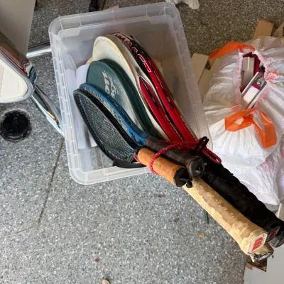 Assorted Tennis Rackets with Cases in Plastic Bin