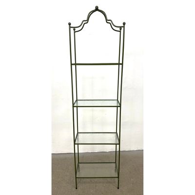 Olive green metal 4 tier etagere with Moorish arched crest and textured glass shelves