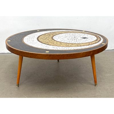 Mid Century Modern Mosaic Tile Coffee Table. Assorted glazed tiles in dramatic design. Wood Frame an