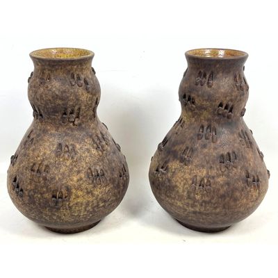 Pair of Mid-Century Modern Italian Ceramic Vases Volcanic Glaze Double Gourd Form marked Italy. Prob
