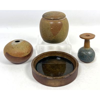 Group of 4pc Mid Century Studio Pottery including Porsgrund Norway dish by Konrad Galaaen and signed