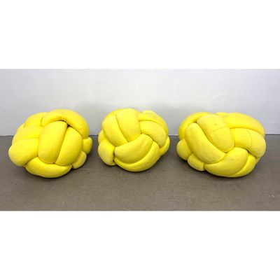 3pc Set Large Sculptural Knotted Ball Floor Cushions Stools. Cushy Canary Yellow Ottomans.