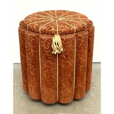 Vintage Art Deco Scalloped Ribbed Storage Stool Upholstered in Orange Scrolled Foliate Velvet