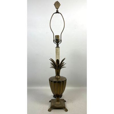Neoclassical Hollywood Regency Brass Urn and Stone Column Table Lamp with Pineapple Motif and Paw Fe