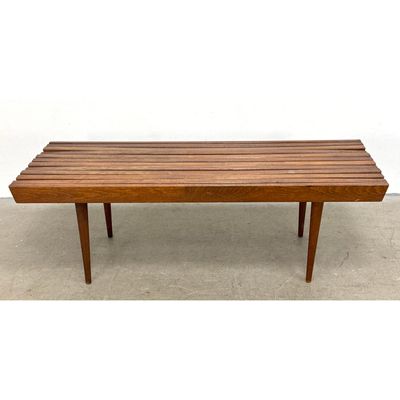 Mid Century Modern Slatted Walnut Finish Wood Bench Coffee Table with Tapered Legs