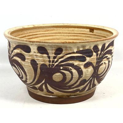 Large HAMILTON Artisan Studio Stoneware Bowl. Abstract Brown Foliate Decoration. Signed, Dated 77