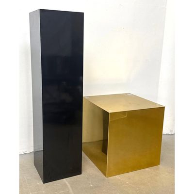 2pcs  Vintage Black Laminate Sculpture Pedestal Stand and Gold Anodized Storage Cube Box