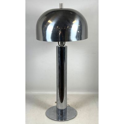 TSAO DESIGNS Chrome Mushroom Floor Lamp. Modernist Dome Shade. Label.