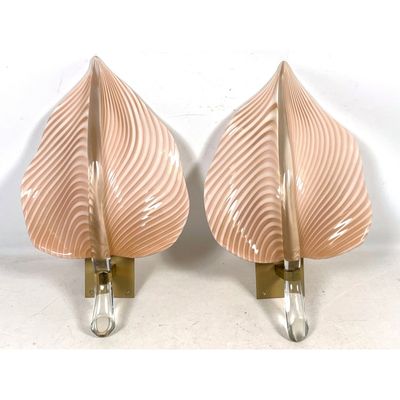 Pair of Murano Style Glass Leaf Wall Sconces with Pale Pink and White Filigrana Pattern and Brass Ba